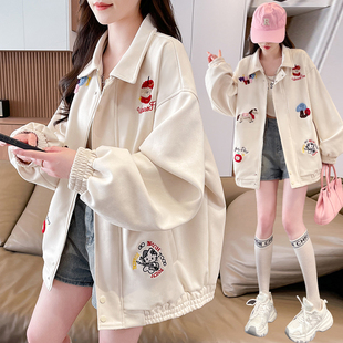 美式复古翻领夹克女2026春秋新款初高中学生宽松潮牌刺绣工装外套