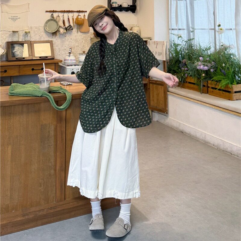 宽松短袖衬衫气愤花朵裙裤套装女2026夏季新款高中学生休闲两件套