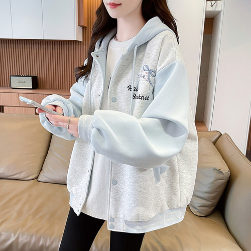 猫咪刺绣开衫卫衣少女春秋2026新款初高中学生撞色连帽棒球服外套