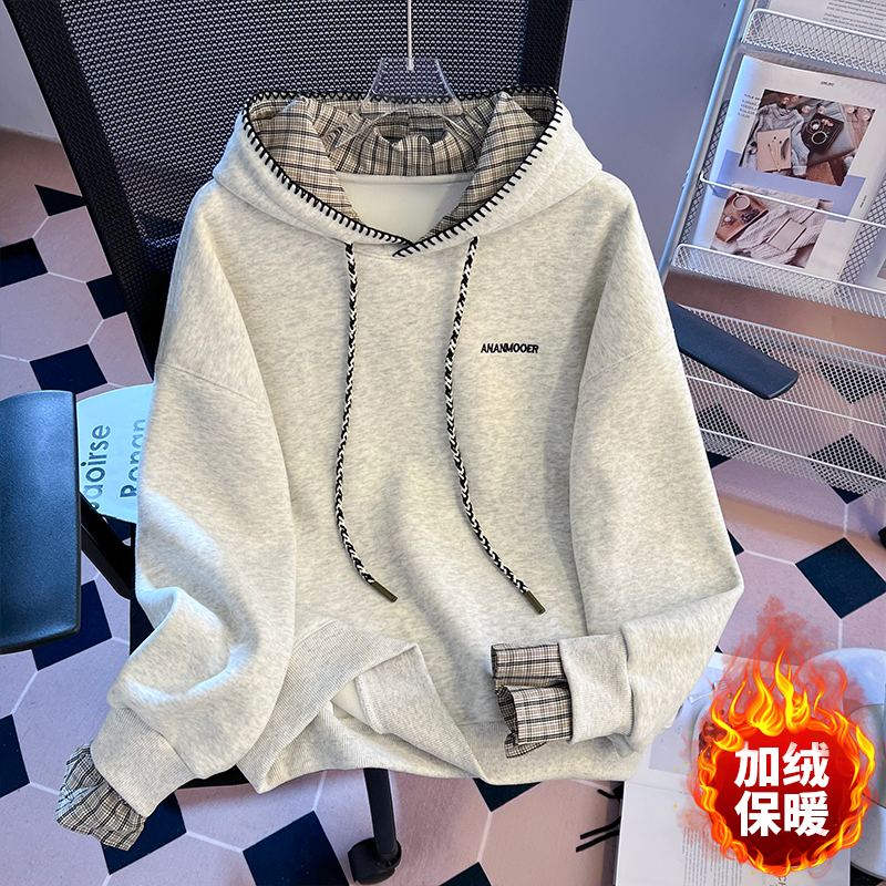 加绒加厚连帽卫衣少女秋冬新款初高中学生贝壳绣格子拼接套头外套