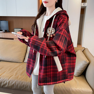 格子羊羔毛棉服少女秋冬2026新款初高中学生宽松加绒加厚棉袄外套