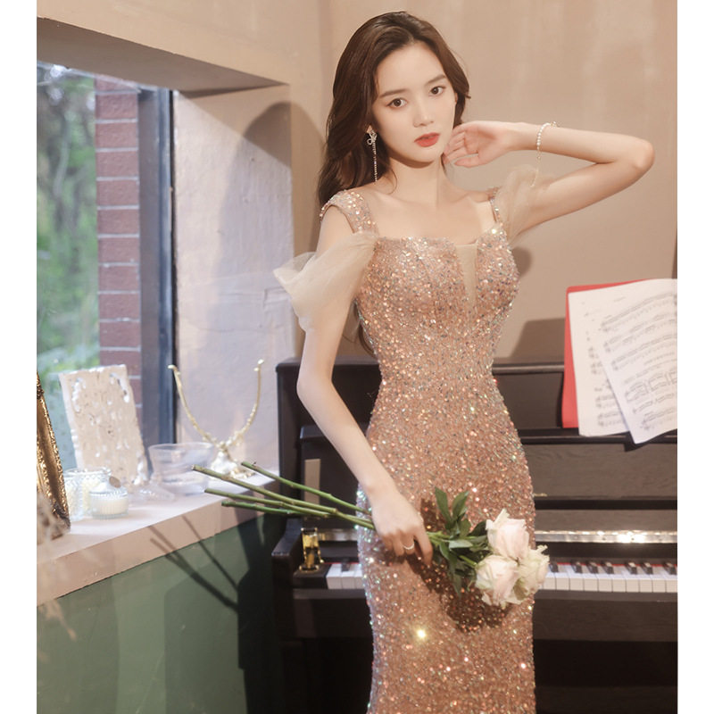 亮片鱼尾长款晚礼服艺考订婚年会