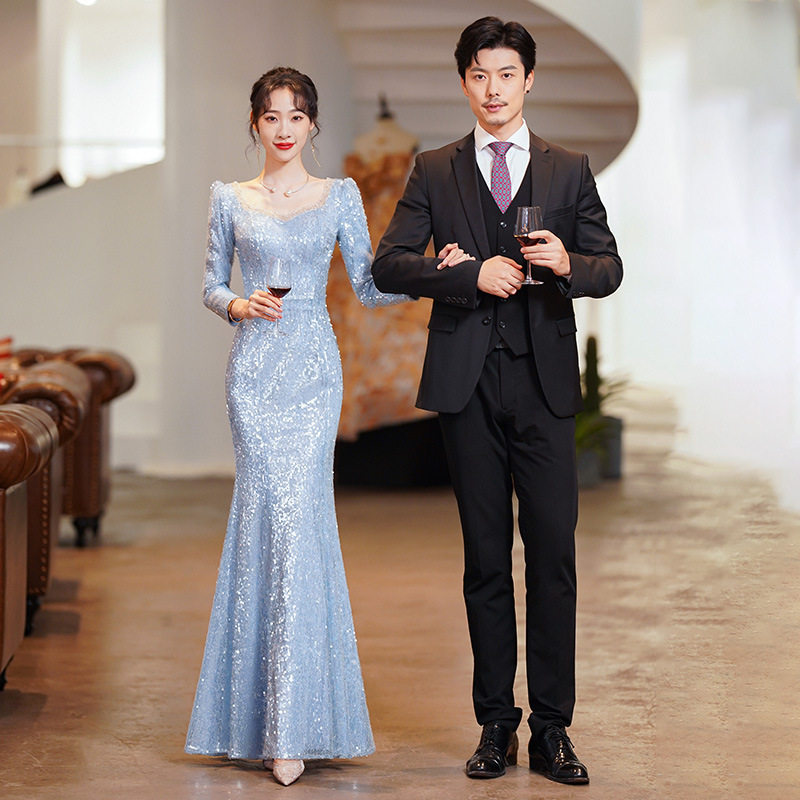亮片鱼尾长款晚礼服年会主持订婚