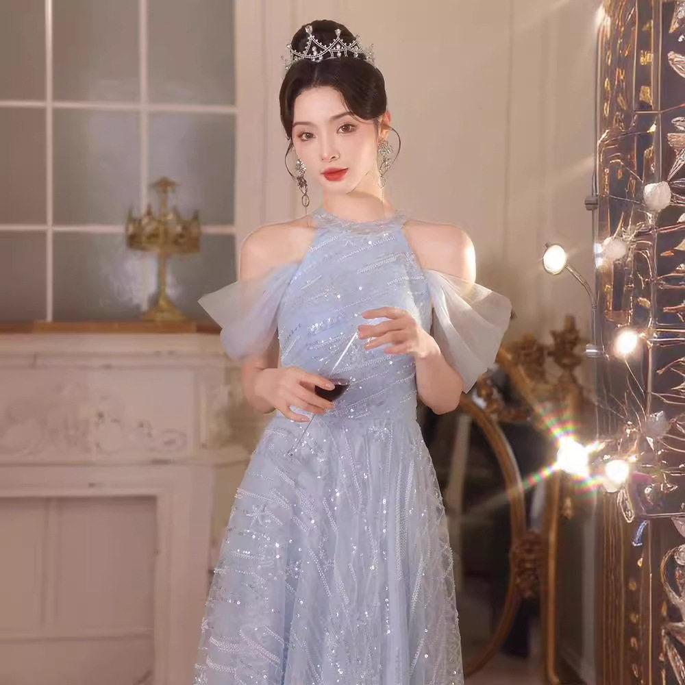 2024新款 轻奢亮片刺绣蓝色长款晚礼服裙 演出 主持 毕业礼 宴会