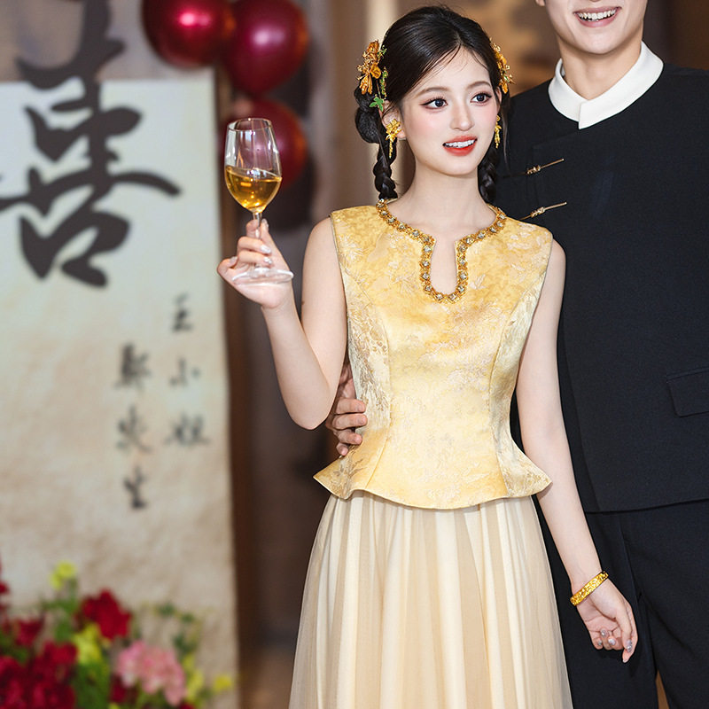 重工钉钻旗袍套装礼服新娘敬酒服