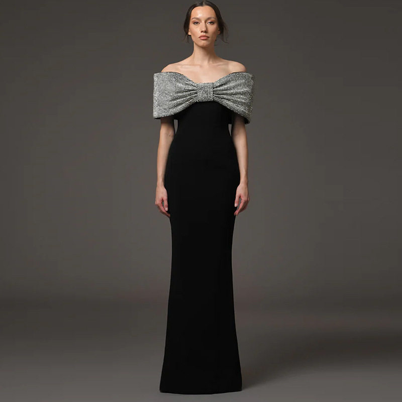 轻奢小众欧美时尚重工烫钻蝴蝶结一字肩黑色长款晚礼服 宴会 年会