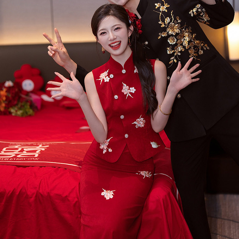 轻奢新中式国风绣花红色旗袍礼服套装 新娘敬酒服 结婚 回门 订婚