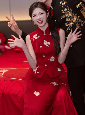 轻奢新中式国风绣花红色旗袍礼服套装 新娘敬酒服 结婚 回门 订婚
