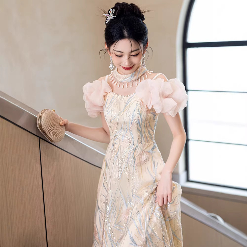 公主风亮片香槟色长款晚礼服裙