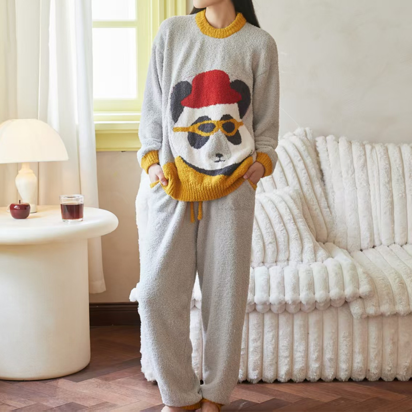 可爱卡通胡巴尔半边绒睡衣女秋冬加绒保暖可外穿家居服套装