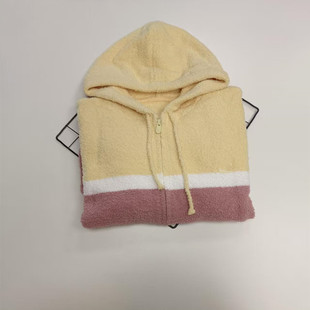 冬季软绵绵半边绒粉红黄连帽拉链家居服单上衣