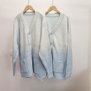 福利款冬季女士软绵绵半边绒渐变蓝开衫款家居服单件上衣