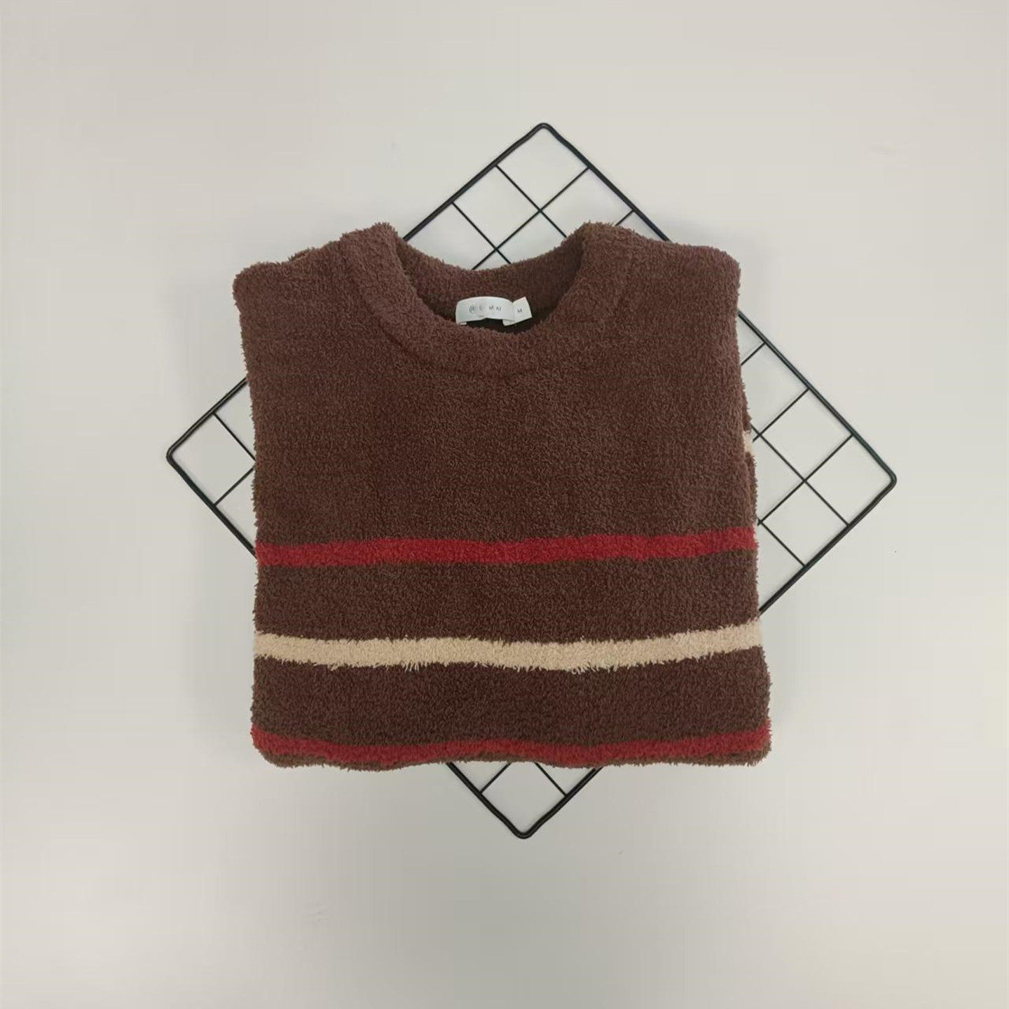 秋冬软绵绵半边绒情侣款咖色条纹家居上衣