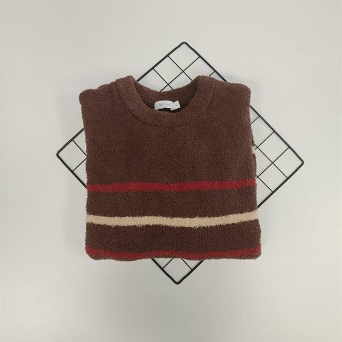 秋冬软绵绵半边绒情侣款咖色条纹家居上衣