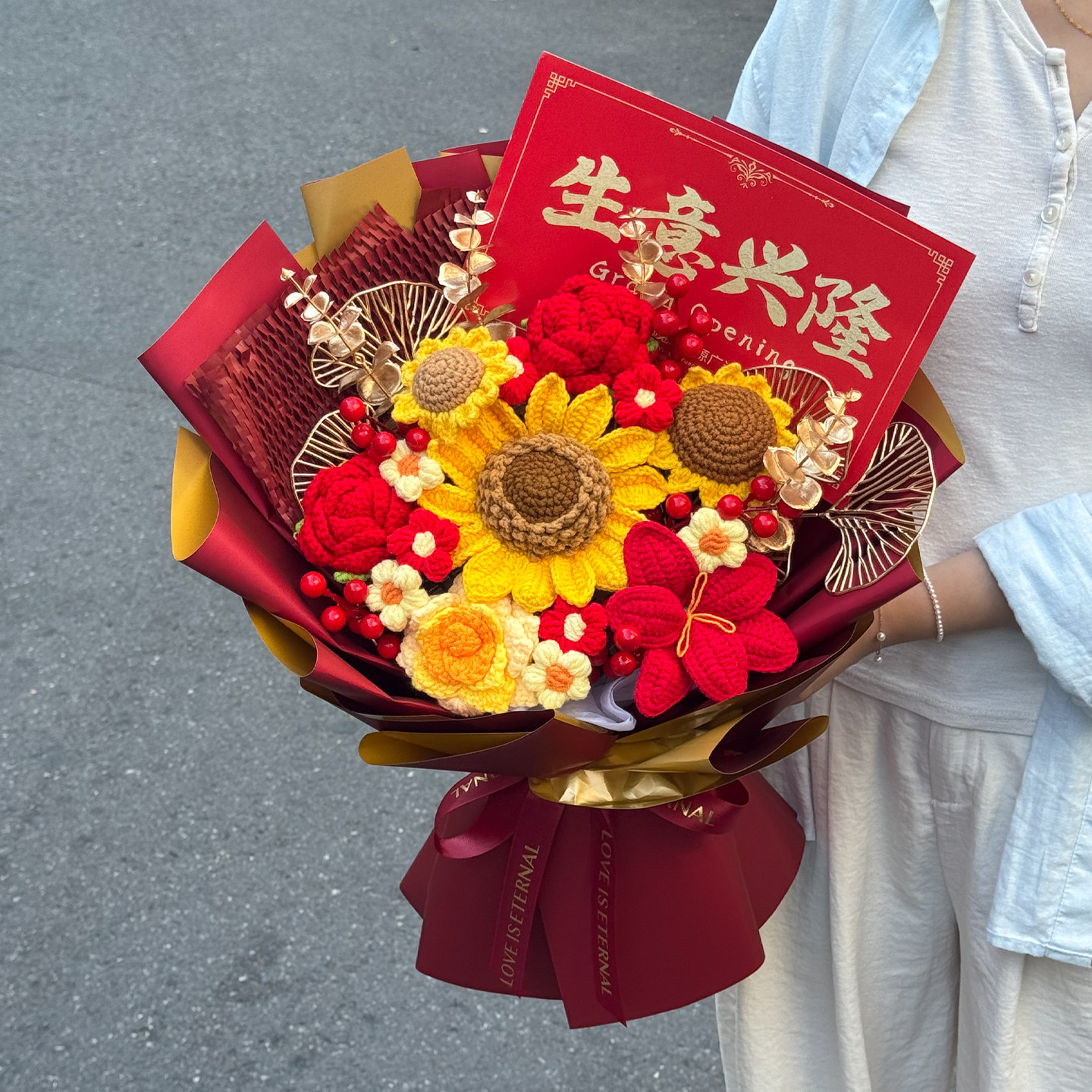 创意针织毛线大花束仿真玫瑰向日葵送开业乔迁祝福喜庆礼物惊喜