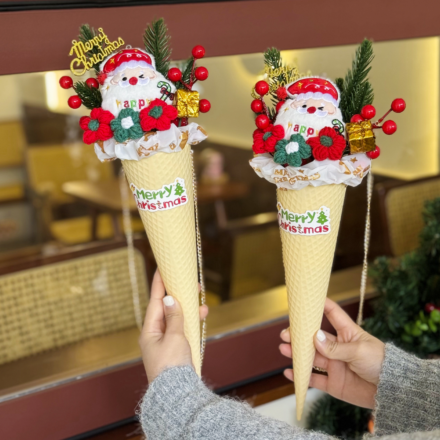 可爱圣诞老人玩偶花束针织毛线