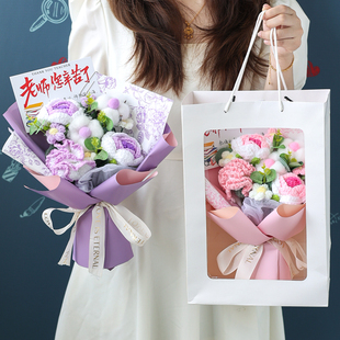 创意成品毛线针织花仿真康乃馨玫瑰花复古花束创意生日礼物老师