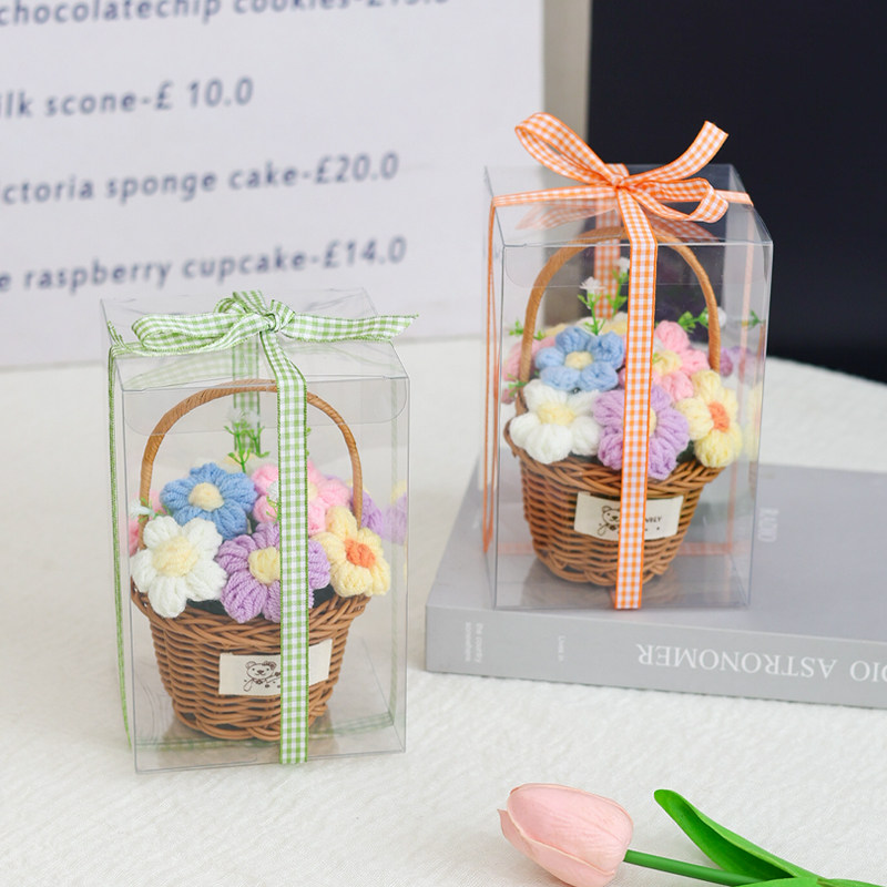 毕业季创意礼盒毛线钩针泡芙花成品迷你花篮送闺蜜女朋友生日礼物