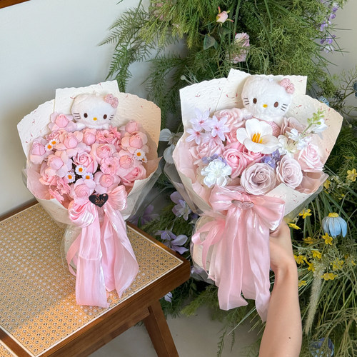 成品香皂花玫瑰永生花kt猫花束女生闺蜜生日礼物七夕情人节送女友