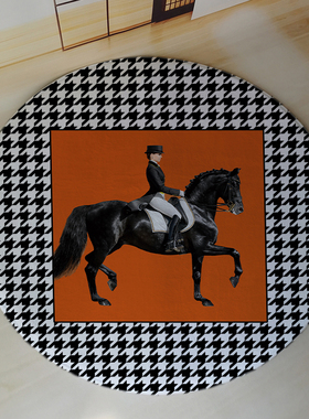 现代千鸟格橙色马骑士书房电脑转椅圆形防滑地垫床边衣帽间圆地毯