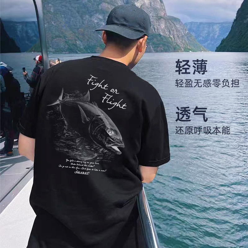 路亚钓鱼服钓鱼T恤男士短袖圆领