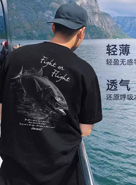 路亚钓鱼服钓鱼T恤男士短袖圆领