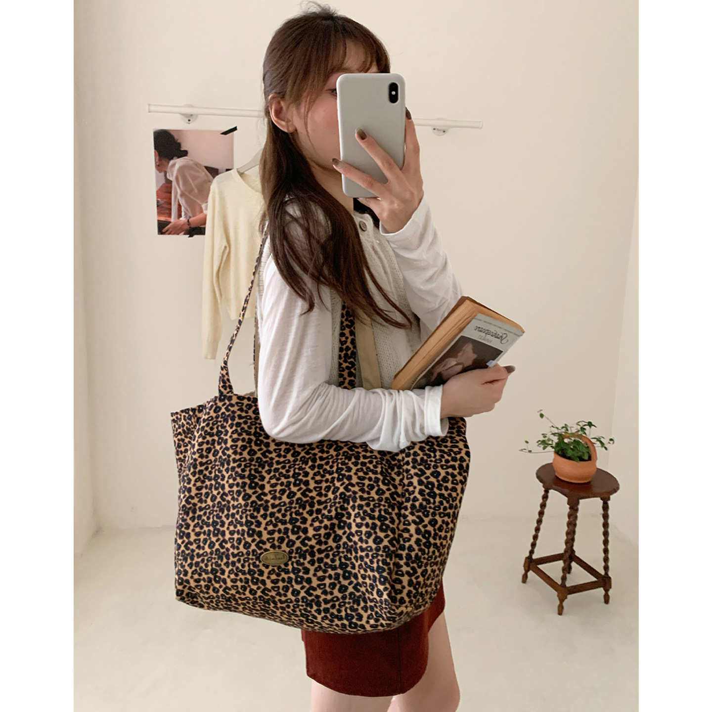 复古豹纹双面单肩包时尚百搭通勤帆布包大容量韩版学生包ins风女