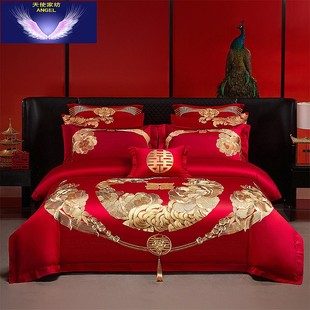 大红结婚蚕丝被80支纯棉刺绣四件套保暖加厚桑蚕丝冬被6斤春秋被