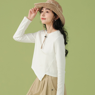 春夏秋长袖 白色打底衫 2024新款 上衣女小衫 t恤圆领不对称 辣妹短款