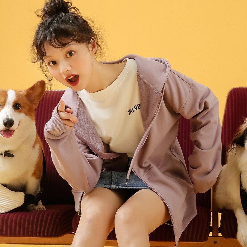 纯色大码加绒开衫外套女帽衫2024春秋拉链纯棉韩版长袖上衣潮bf风