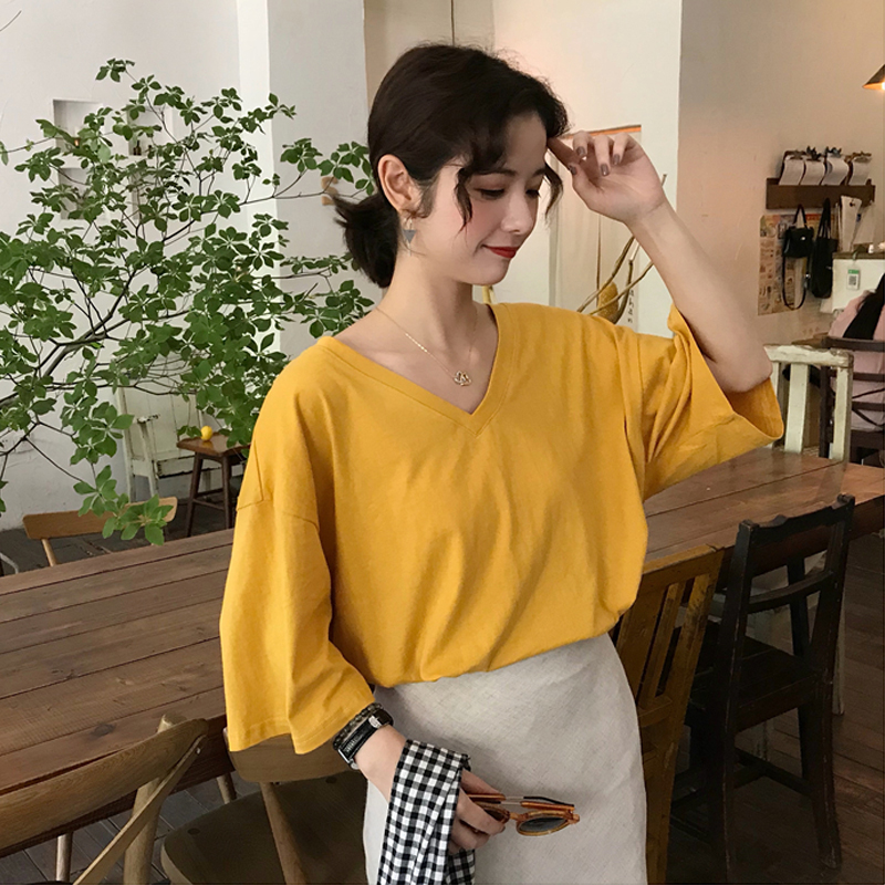2018女装韩版chic宽松纯色百搭v领纯棉t恤上衣学生体恤打底衫女夏