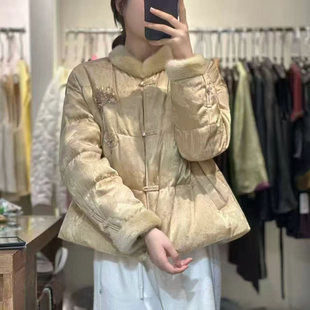 欧洲站2025秋冬新中式 立领毛绒拼接保暖外套 重工刺绣羽绒服女短款