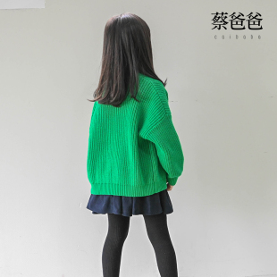 蔡爸爸童装小清新绿色毛衣 秋冬款女大童针织衫 开衫外套1170+101