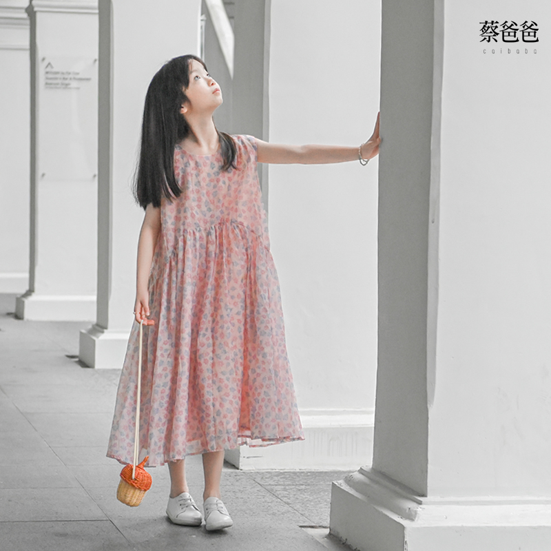 蔡爸爸童装女童天丝连衣裙 2025款夏装大童女孩薄款粉色碎花裙751