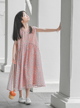 蔡爸爸童装女童天丝连衣裙 2026款夏装大童女孩薄款粉色碎花裙751
