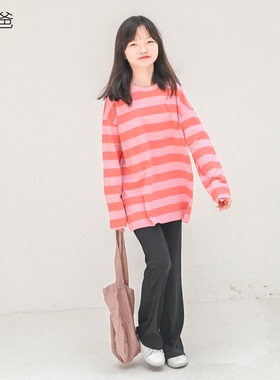 蔡爸爸童装新品春秋装少女百搭长袖t恤休闲粉色条纹上衣809+933