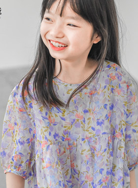 女连衣裙夏纯苎麻宽松紫花裙子