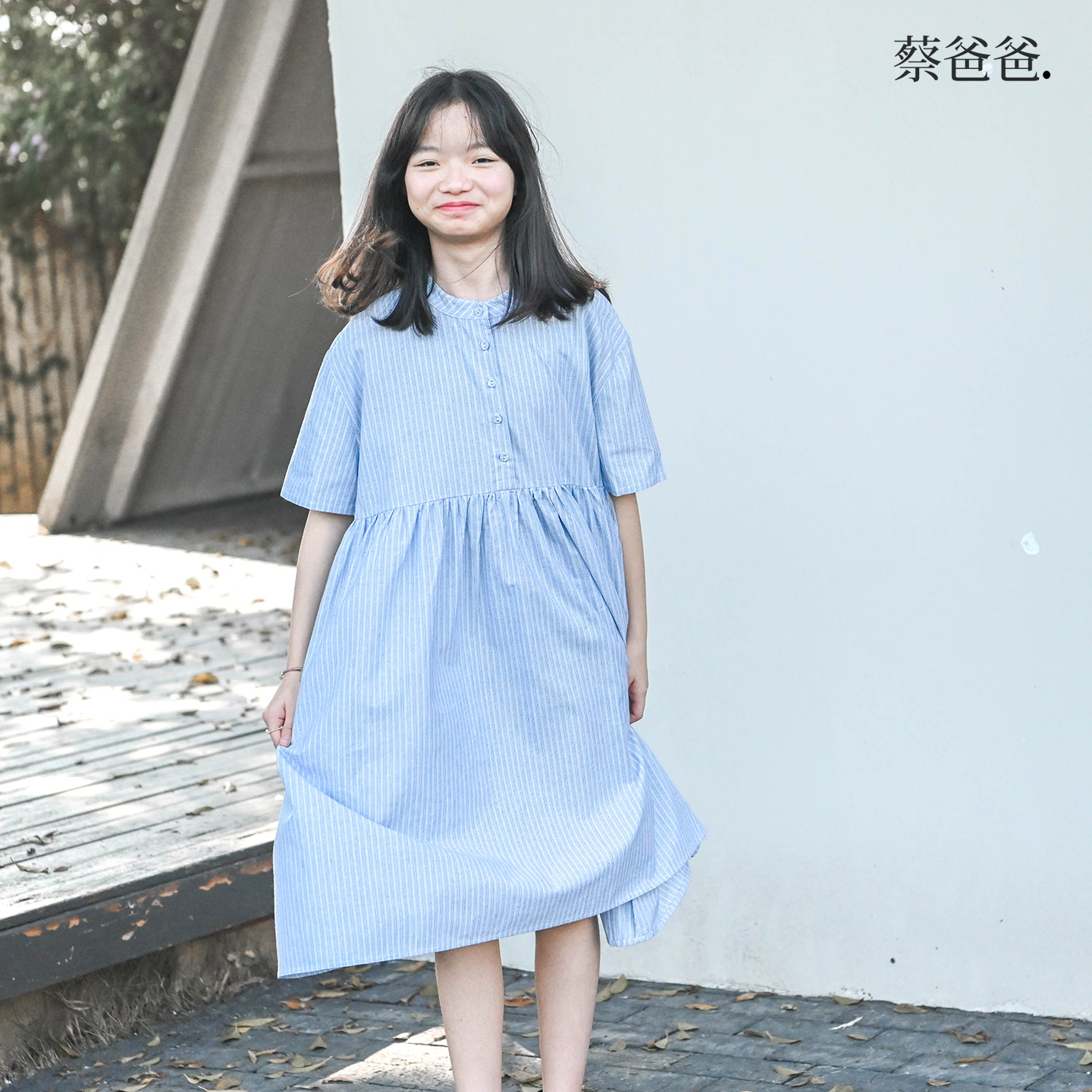 蔡爸爸儿童装2026夏装文艺小清新蓝色裙子女孩全棉条纹连衣裙171
