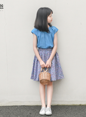 蔡爸爸童装 2026新款全棉夏装女儿童时尚蓝紫碎花半身裙子555+215