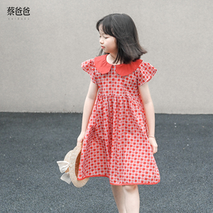 蔡爸爸原创设计童装2024新款夏装女大童印花连衣裙桔红色裙子028