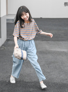夏装天丝麻九分裤女大童浅蓝裤子