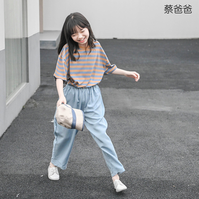 夏装天丝麻九分裤女大童浅蓝裤子