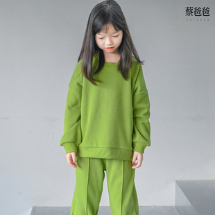 蔡爸爸童装加绒加厚保暖卫衣套装女大童绿色新款休闲冬季套装1351