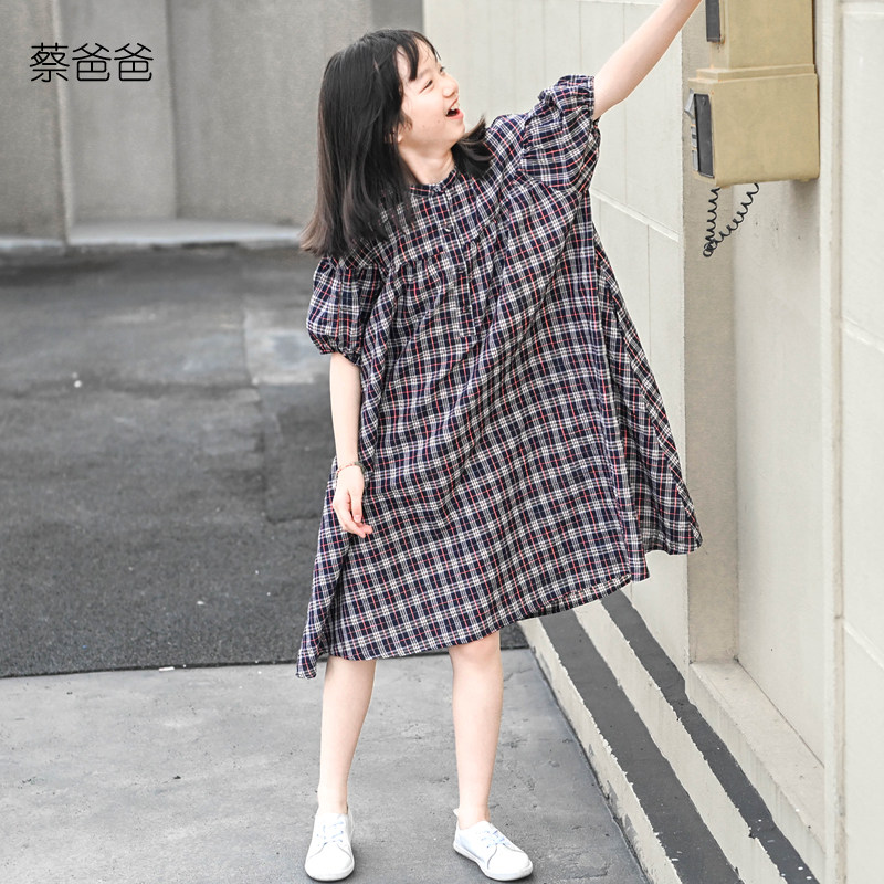 蔡爸爸童装 2026独特短袖裙子女童裙夏薄款文艺中童格子连衣裙662