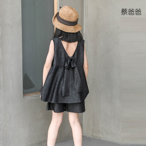 蔡爸爸夏装女童黑色天丝麻套装