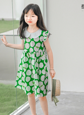 蔡爸爸童装2026新款夏季背心裙全纯棉绿色连衣裙女大童装翻领995