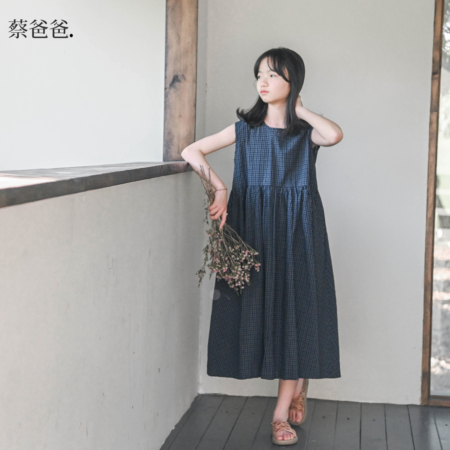 蔡爸爸童装日系背心裙新款夏装文艺女孩公主裙蓝色格子连衣裙788