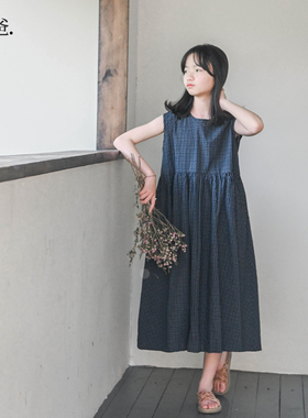 蔡爸爸童装日系背心裙新款夏装文艺女孩公主裙蓝色格子连衣裙788