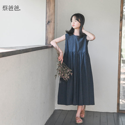 蔡爸爸童装日系背心裙新款夏装文艺女孩公主裙蓝色格子连衣裙788