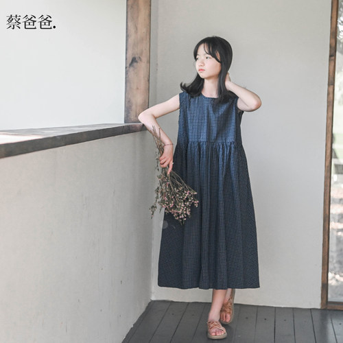 日系背心裙夏装女蓝色格子连衣裙